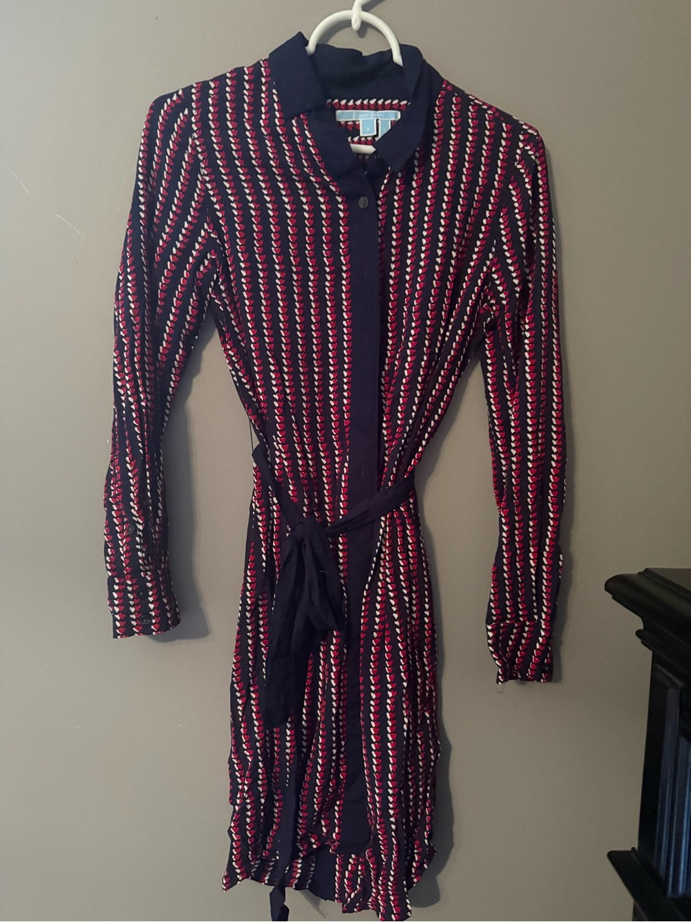 Draper James Navy, Red and Cream Patterned Long-Sleeve Shirt Dress